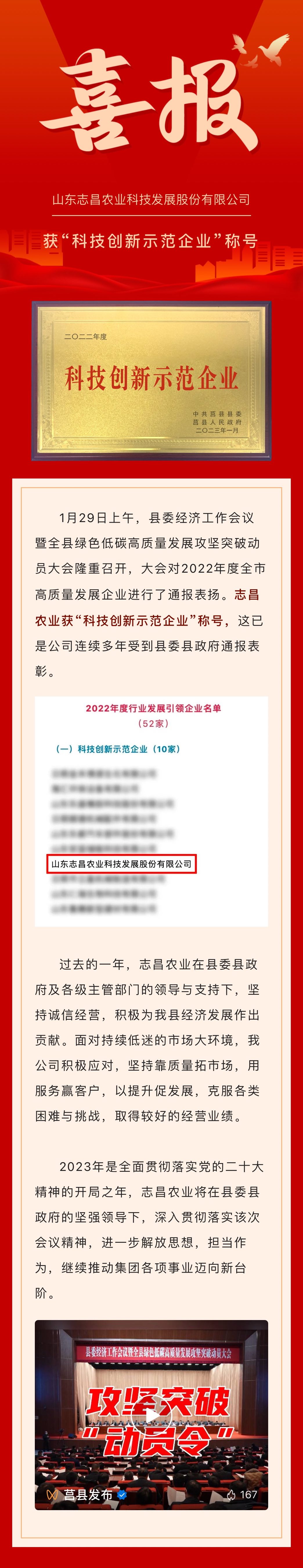 開門紅｜新春第一會(huì)傳來喜報(bào)！志昌農(nóng)業(yè)獲“科技創(chuàng)新示范企業(yè)”稱號(hào)(圖1)
